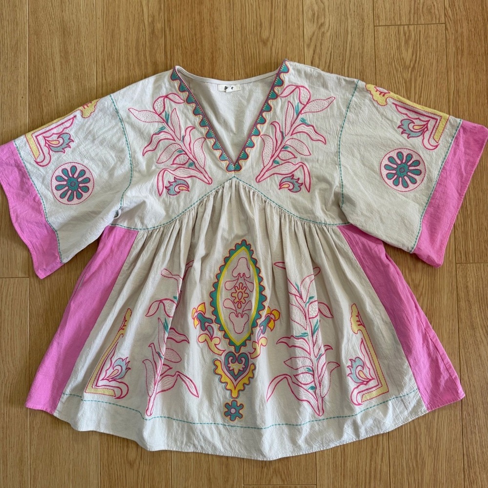 Blue Velvet embroidered Tunic Mini Dress Babydoll Medium Large Pink Boho Beach - Picture 2 of 11